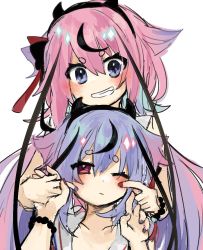 Rule 34 | 2others, behind another, blue eyes, blue hair, blue nails, bracelet, cheek poking, collarbone, grin, gynoid talk, hair flaps, hair ribbon, hairband, holding hands, horns, ishitsuki ( 0101 831), jewelry, long hair, looking at viewer, meika hime, meika mikoto, multiple others, nail polish, one eye closed, pink hair, poking, red eyes, red nails, red ribbon, ribbon, smile, twintails, upper body, very long hair, vocaloid, white background