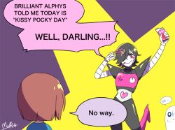 Rule 34 | 1boy, androgynous, android, bad id, bad twitter id, black hair, blush, boots, brown hair, english text, food, frisk (undertale), ghost, hair over eyes, hato moa, heart, high heel boots, high heels, leg up, mettaton, mettaton ex, napstablook, one eye covered, pink eyes, pocky, pocky day, robot, signature, speech bubble, spotlight, text focus, undertale