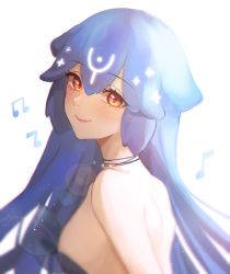 Rule 34 | bao (vtuber), bare shoulders, blue hair, blush, closed mouth, expulse, glowing, indie virtual youtuber, light smile, long hair, looking at viewer, looking back, musical note, red eyes, simple background, smile, virtual youtuber, whale, white background