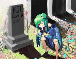 Rule 34 | 1girl, absurdres, blue dress, brown eyes, cleavage cutout, clothing cutout, detached sleeves, double bun, dress, flat chest, flower, grant gustin next to oliver queen&#039;s grave (meme), green hair, hair behind ear, hair bun, hand on own thigh, highres, hololive, hololive indonesia, jaaku taro, kureiji ollie, looking at viewer, meme, one eye closed, rest in peace (phrase), solo, squatting, tombstone, uruha rushia, uruha rushia (1st costume), v, virtual youtuber