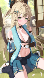 Rule 34 | 1girl, absurdres, animal ears, architecture, bare shoulders, black choker, blush, breasts, bridal gauntlets, brown tank top, cat ears, cat feet, cat girl, cat tail, choker, cleavage, coat, commentary request, crop top, double-parted bangs, east asian architecture, genshin impact, green eyes, hair ornament, hairclip, highres, jumonji, kirara (genshin impact), light brown hair, long hair, looking at viewer, loose socks, medium breasts, midriff, navel, nekomata, sitting, sleeveless, sleeveless coat, socks, solo, stomach, tail, tank top, wariza