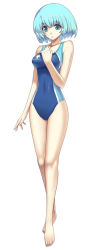 Rule 34 | 1girl, :o, alternate costume, arm at side, atelier (series), barefoot, blue eyes, blue hair, blue one-piece swimsuit, breasts, clenched hand, collarbone, competition swimsuit, covered navel, cross edge, emblem, feet, female focus, full body, gust, hand on own chest, hand up, hip focus, impossible clothes, impossible swimsuit, legs, legs together, looking at viewer, mana khemia (series), mana khemia 2, matching hair/eyes, medium breasts, nakamura tatsunori, official art, one-piece swimsuit, open mouth, parted lips, short hair, simple background, skin tight, solo, standing, swimsuit, wuim (mana khemia)