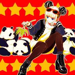 Rule 34 | 1girl, akiyama enma, animal, ankle boots, arm support, bamboo, bamboo leaf, biting, black footwear, black hair, black nails, black pantyhose, blouse, blue eyes, blunt bangs, boots, closed mouth, collarbone, cross-laced footwear, dot nose, double bun, eating, eyelashes, eyewear on head, fingernails, flat chest, food in mouth, grey socks, hair bun, half-closed eyes, holding, holding leaf, jacket, lace-up boots, leaf, leather, leather boots, legs apart, letterman jacket, light smile, looking down, multicolored hair, nail polish, original, outline, panda, pantyhose, platform boots, platform footwear, red-framed eyewear, red background, shade, shirt, shoelaces, sidelocks, simple background, socks, solo, star (symbol), starry background, streaked hair, sunglasses, tsurime, two-tone hair, white hair, white outline, white shirt