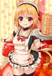 Rule 34 | 1girl, :q, alternate costume, animal ears, apron, bell, black thighhighs, blonde hair, blush, cat ears, cat tail, chiroshiron, choker, dress, enmaided, fake animal ears, floral background, food, fruit, hair ribbon, highres, kemonomimi mode, licking lips, looking at viewer, maid, maid apron, maid headdress, pancake, red eyes, ribbon, rumia, short hair, short sleeves, smile, solo, strawberry, striped, striped background, tail, tail bell, tail ornament, thighhighs, tongue, tongue out, touhou, tray, wrist cuffs, zettai ryouiki