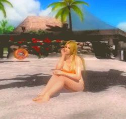Rule 34 | 1girl, 3d, animated, animated gif, ass, beach, bikini, blonde hair, breasts, dead or alive, dead or alive 5, dolphin, helena douglas, large breasts, lowres, nail polish, ocean, official art, screencap, sitting, solo, swimsuit, tecmo, thong, thong bikini