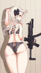 Rule 34 | 1girl, ass, back, black bra, black panties, blonde hair, blue eyes, blush, bra, braid, butt crack, closed mouth, floor, french braid, girls&#039; frontline, gun, h&amp;k mp5, hair ornament, hands on floor, highres, jamgom, jewelry, lips, long hair, looking at viewer, looking back, lying, mp5 (girls&#039; frontline), on floor, on stomach, panties, ring, simple background, smile, solo, submachine gun, underwear, weapon