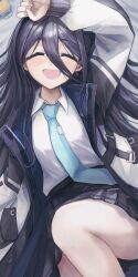 Rule 34 | 1girl, aris (blue archive), bag (chrko bag), black hair, blue archive, closed eyes, highres, long hair, long sleeves, looking at viewer, lying, necktie, open mouth, smile, solo