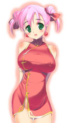 Rule 34 | 1990s (style), 1girl, arms behind back, bare shoulders, blush, breasts, china dress, chinese clothes, cleavage, double bun, dress, earrings, covered erect nipples, final fantasy, final fantasy v, green eyes, happy, hima, jewelry, large breasts, lenna charlotte tycoon, monk, monk (final fantasy), nipples, no panties, pink hair, short hair, smile, solo