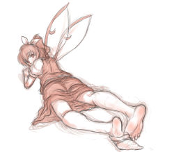 Rule 34 | 1girl, barefoot, blush, bow, daiyousei, dress, fairy, feet, from behind, full body, hair bow, highres, kuro suto sukii, looking at viewer, looking back, lying, monochrome, on stomach, short hair, side ponytail, simple background, single sock, sketch, socks, soles, solo, toes, touhou, undressing, white background, wings