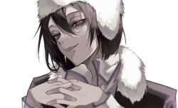 Rule 34 | 1boy, absurdres, black coat, black hair, bungou stray dogs, coat, collared shirt, dappled sunlight, fur-trimmed coat, fur-trimmed headwear, fur trim, fyodor dostoyevsky (bungou stray dogs), hat, highres, looking at viewer, male focus, open mouth, own hands together, purple eyes, shirt, short hair, sidelocks, simple background, smile, solo, sunlight, upper body, white background, white shirt, ya ta