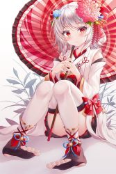 Rule 34 | 1girl, bell, black legwear, black skirt, commentary request, detached sleeves, eyes visible through hair, highres, holding, ichizon, japanese clothes, looking at viewer, oil-paper umbrella, original, plant, pleated skirt, red eyes, short hair, sidelocks, silver hair, simple background, sitting, skirt, solo, stirrup legwear, toeless legwear, toes, umbrella, white background, wide sleeves