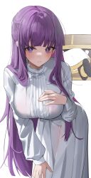 Rule 34 | 2girls, absurdres, black footwear, breasts, brown pantyhose, closed mouth, dress, fern (sousou no frieren), frieren, hand on own chest, highres, hikimori 1, large breasts, leaning forward, long hair, long sleeves, looking at viewer, mimic, multiple girls, pantyhose, purple eyes, purple hair, robe, sousou no frieren, white dress, white robe