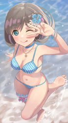 Rule 34 | 1girl, ;p, beach, bikini, blue bikini, blue choker, blue eyes, botan m, bracelet, breasts, bridal garter, choker, cleavage, collarbone, flower, grey hair, hair flower, hair ornament, highres, jewelry, large breasts, looking at viewer, love live!, love live! superstar!!, navel, necklace, ocean, one eye closed, parted bangs, short hair, smile, solo, stomach, swimsuit, tang keke, tongue, tongue out, v over eye