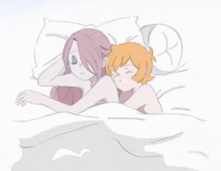 Rule 34 | 2girls, bed, bed sheet, blonde hair, couple, cuddling, female focus, highres, little witch academia, long hair, lotte jansson, lying, multiple girls, naked sheet, nude, pillow, purple hair, bed sheet, simple background, sleeping, sucy manbavaran, under covers, yuri