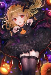 Rule 34 | 1girl, :o, alternate costume, arms up, ascot, black headwear, black shirt, black skirt, black thighhighs, blonde hair, breasts, candle, commentary, fang, feet out of frame, fingernails, flandre scarlet, frilled skirt, frills, from above, gothic lolita, hair ribbon, hairband, halloween, highres, jack-o&#039;-lantern, lace, lace-trimmed legwear, lace trim, light particles, lolita fashion, lolita hairband, long sleeves, looking at viewer, lying, nail polish, on back, on floor, one side up, orange ascot, pointy ears, purple nails, red eyes, ribbon, sakizaki saki-p, sharp fingernails, shirt, short hair, skin fang, skirt, small breasts, solo, striped clothes, striped skirt, thighhighs, tile floor, tiles, touhou, twitter username, wings