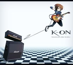 Rule 34 | 00s, 1girl, amplifier, bad id, bad pixiv id, brown eyes, brown hair, cable, electric guitar, female focus, gibson les paul, guitar, hair ornament, hairpin, highres, hirasawa yui, instrument, jumping, k-on!, pantyhose, r.s.r., school uniform, solo