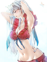 Rule 34 | 1girl, :d, adjusting hair, arms behind head, artist name, bare shoulders, bikini, bikini skirt, bird, blue sash, breasts, clear glass (mildmild1311), cleavage, closed eyes, collarbone, fire emblem, fire emblem: radiant dawn, fire emblem heroes, flower, frilled bikini, frills, front-tie bikini top, front-tie top, grey hair, groin, hair flower, hair ornament, hair ribbon, highres, long hair, looking to the side, medium breasts, micaiah (fire emblem), micaiah (summer) (fire emblem), navel, nintendo, official alternate costume, open mouth, red bikini, ribbon, sash, signature, simple background, smile, solo, swimsuit, upper body, white background, yune (fire emblem)