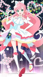 Rule 34 | 1girl, :d, bare shoulders, boots, bow, cure prism, dot nose, dress, elbow gloves, gloves, green eyes, hair bow, hand on own hip, heart, highres, hirogaru sky! precure, holding, holding microphone, indoors, knee boots, layered dress, legs apart, long hair, looking at viewer, magical girl, microphone, open mouth, pink hair, precure, shirubaa, sidelocks, sleeveless, sleeveless dress, smile, solo, stage, stage lights, swept bangs, very long hair, watermark, white bow, white dress, white footwear, white gloves
