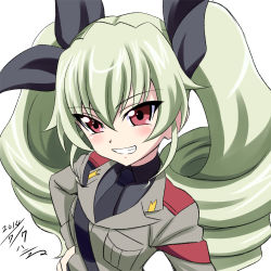 Rule 34 | 10s, 1girl, 2014, anchovy (girls und panzer), artist name, black shirt, blush, dated, dress shirt, drill hair, girls und panzer, green hair, grey jacket, grin, h-new, hair ribbon, hand on own hip, jacket, long hair, long sleeves, looking at viewer, military, military uniform, necktie, red eyes, ribbon, shirt, signature, smile, solo, standing, twin drills, twintails, uniform, white background