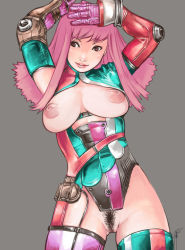 Rule 34 | 1girl, arms up, bad id, bad pixiv id, bottomless, breastless clothes, breasts, elbow gloves, female pubic hair, gloves, grey background, inverted nipples, kusagami style, large breasts, long hair, nipples, no panties, original, pink eyes, pink hair, pubic hair, simple background, solo, standing, thighhighs