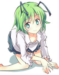 Rule 34 | 1girl, all fours, antennae, bare legs, barefoot, black shorts, blush, breasts, green eyes, green hair, leaning forward, long sleeves, looking at viewer, matching hair/eyes, no bra, shirt, short hair, shorts, small breasts, smile, solo, suichuu hanabi, touhou, white background, white shirt, wriggle nightbug