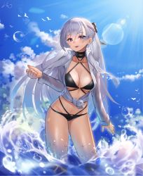 Rule 34 | 1girl, absurdres, alternate costume, azur lane, belfast (azur lane), bikini, bikini under clothes, bird, black bikini, black bow, blue eyes, blue shirt, blue sky, blush, bow, braid, breasts, cleavage, cloud, day, french braid, hair bow, hair ornament, highres, in water, large breasts, long hair, long sleeves, looking at viewer, lordol, navel, o-ring, o-ring bikini, open mouth, outdoors, seagull, shirt, silver hair, sky, smile, solo, swimsuit, thighs, wading, water, water drop, waves