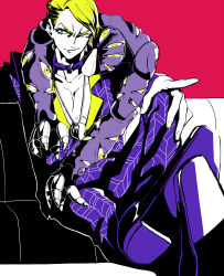 Rule 34 | 1boy, blonde hair, couch, formal, green eyes, high contrast, jojo no kimyou na bouken, prosciutto, sitting, stand (jojo), suit, the grateful dead (stand), urayasuura