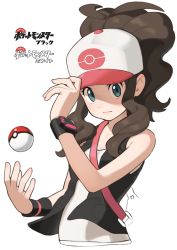 Rule 34 | 1girl, antenna hair, bag, baseball cap, between breasts, blouse, blue eyes, breasts, brown hair, closed mouth, creatures (company), cropped torso, game freak, hair over shoulder, hand on headwear, handbag, hat, highres, hilda (pokemon), long hair, looking at viewer, nintendo, omaru gyuunyuu, pink hat, poke ball, poke ball (basic), pokemon, pokemon bw, ponytail, serious, shirt, small breasts, solo, strap between breasts, upper body, watch, white hat, white shirt, wristband, wristwatch