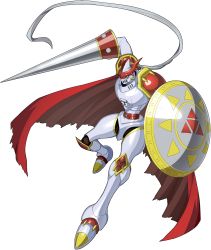 Rule 34 | 1boy, armor, cape, digimon, digimon (creature), digimon new century, digital hazard, dukemon, full armor, highres, knight, lance, monster, no humans, official art, pauldrons, polearm, red cape, royal knights, shield, shoulder armor, simple background, solo, weapon, yellow eyes