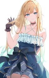 Rule 34 | 1girl, absurdres, aizawa ema, animal earrings, aqua eyes, aqua hair, arm behind back, bare shoulders, black bow, black gloves, blonde hair, blue dress, bow, choker, collarbone, dress, dress bow, earrings, gloves, hair ornament, hand up, highres, jewelry, lace, lace choker, long hair, looking at viewer, multicolored hair, okishiro, parted bangs, parted lips, simple background, sleeveless, sleeveless dress, solo, standing, virtual youtuber, vspo!, white background