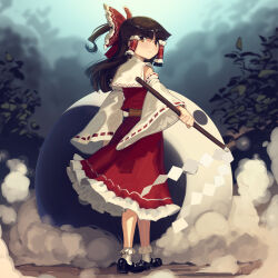Rule 34 | 1girl, black footwear, black hair, boa (brianoa), bow, brown eyes, closed mouth, detached sleeves, full body, gohei, hair bow, hair tubes, hakurei reimu, highres, holding, japanese clothes, long hair, looking back, nontraditional miko, orb, red bow, red skirt, ribbon-trimmed sleeves, ribbon trim, shoes, sidelocks, skirt, socks, solo, standing, touhou, white sleeves, white socks, wide sleeves, yin yang, yin yang orb