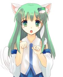 Rule 34 | 1girl, animal ears, bad id, bad pixiv id, blush, cat ears, cat girl, cat tail, detached sleeves, female focus, green eyes, green hair, hair ornament, hatano h, kemonomimi mode, kochiya sanae, matching hair/eyes, paw pose, simple background, solo, tail, touhou, upper body, white background