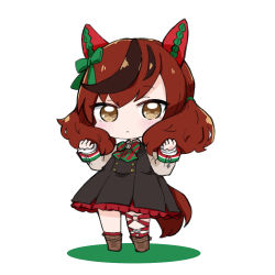 Rule 34 | 1girl, :&lt;, animal ears, black dress, black hair, blush, boots, bow, brown eyes, brown footwear, brown hair, brown shirt, chibi, closed mouth, collared shirt, colored shadow, commentary request, dress, ear bow, frilled dress, frills, full body, green bow, horse ears, horse girl, horse tail, long sleeves, looking at viewer, multicolored hair, nice nature (umamusume), nozo (hitomiz), red socks, shadow, shirt, sleeveless, sleeveless dress, sleeves past wrists, socks, solo, standing, streaked hair, tail, umamusume, white background
