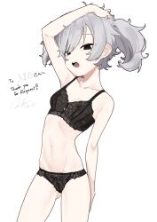 Rule 34 | 1girl, 318-chan, absurdres, arm at side, arm up, bare arms, bare shoulders, black bra, black eyes, black panties, bra, breasts, collarbone, commission, cowboy shot, dated, empty eyes, fataaa, gluteal fold, grey hair, groin, hand in own hair, highres, lace, lace bra, lace panties, looking at viewer, navel, open mouth, original, panties, short hair, sidelocks, signature, simple background, skeb commission, small breasts, solo, twintails, underwear, underwear only, white background