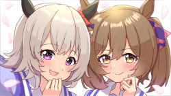Rule 34 | 2girls, :d, absurdres, animal ears, ao (flowerclasse), blue shirt, blush, bow, brown eyes, brown hair, closed mouth, commentary request, curren chan (umamusume), ear bow, grey hair, hair between eyes, hair bow, hand up, highres, horse ears, looking at viewer, multiple girls, open mouth, petals, pink bow, purple bow, purple eyes, red bow, school uniform, shirt, smart falcon (umamusume), smile, tracen school uniform, umamusume, white background, yellow bow