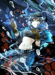 Rule 34 | 1girl, air bubble, belt, blue eyes, blue hair, brown gloves, bubble, denim, gloves, hair bobbles, hair ornament, hat, jacket, jeans, jewelry, kawashiro nitori, key, matching hair/eyes, midriff, navel, necklace, open clothes, open jacket, pants, shigureru, solo, strapless, touhou, tube top, twintails, two side up, underwater