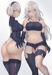 Rule 34 | 2b (nier:automata), 2girls, a2 (nier:automata), android, armlet, ass, back cutout, black gloves, black hairband, black legwear, black shorts, blue eyes, breasts, closed mouth, clothing cutout, curvy, elbow gloves, feather-trimmed sleeves, feather trim, gloves, hair between eyes, hairband, highleg, highleg leotard, highres, huge ass, joints, juliet sleeves, large breasts, leotard, long hair, long sleeves, moshoko (mizuneroku), multiple girls, navel, nier:automata, nier (series), puffy sleeves, robot joints, shiny skin, short hair, shorts, silver hair, tank top, thighhighs, thighs, thong leotard, white leotard, wide hips
