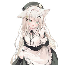 Rule 34 | 1girl, :d, animal ear fluff, animal ears, apron, beret, black bow, black dress, black hat, black sleeves, blush, bow, cat hair ornament, chen bin, commentary request, detached sleeves, dress, fang, frilled apron, frills, green eyes, hair intakes, hair ornament, hand up, hat, highres, long hair, long sleeves, looking at viewer, open mouth, original, puffy long sleeves, puffy sleeves, safety pin, simple background, skirt hold, smile, solo, very long hair, white apron, white background, white hair
