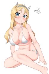 Rule 34 | 1girl, absurdres, barefoot, bikini, blonde hair, blue eyes, breasts, cleavage, headgear, highres, kantai collection, large breasts, long hair, maru (marg0613), nelson (kancolle), one-hour drawing challenge, side-tie bikini bottom, simple background, sitting, solo, swimsuit, white background, white bikini
