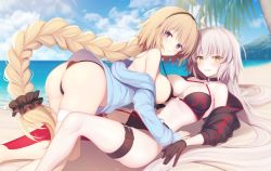 Rule 34 | 2girls, ahoge, ass, bare shoulders, beach, bikini, black bikini, black choker, black gloves, black hairband, black jacket, blonde hair, blue sky, blush, breasts, breasts apart, choker, cloud, collarbone, commentary request, cropped jacket, day, fate/apocrypha, fate/grand order, fate (series), from behind, gloves, groin, hairband, halterneck, highres, hood, hood down, hoodie, jacket, jeanne d&#039;arc alter (swimsuit berserker) (fate), jeanne d&#039;arc (fate), jeanne d&#039;arc (ruler) (fate), jeanne d&#039;arc (swimsuit archer) (fate), jeanne d&#039;arc (swimsuit archer) (first ascension) (fate), jeanne d&#039;arc alter (fate), jeanne d&#039;arc alter (swimsuit berserker) (fate), long hair, looking at viewer, looking back, miko (royal milk), multiple girls, navel, o-ring, o-ring bikini, o-ring bottom, o-ring top, ocean, open clothes, open hoodie, outdoors, palm tree, purple eyes, red legwear, sand, shrug (clothing), sideboob, single thighhigh, sky, swimsuit, thigh strap, thighhighs, thighs, tree, underboob, very long hair, water, white hair, yellow eyes
