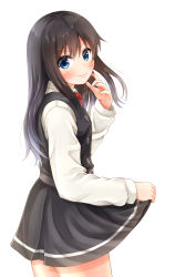 Rule 34 | 1girl, :3, asashio (kancolle), black dress, black hair, blue eyes, blush, buttons, comiching, commentary request, cowboy shot, dress, from side, hand up, highres, kantai collection, long hair, long sleeves, looking at viewer, looking to the side, neck ribbon, pinafore dress, red ribbon, ribbon, shirt, simple background, skirt hold, sleeveless, sleeveless dress, solo, white background, white shirt