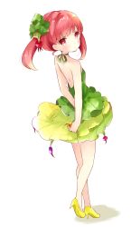 Rule 34 | 1girl, absurdres, arms behind back, backless dress, backless outfit, bad id, bad pixiv id, bare legs, bare shoulders, blunt bangs, blush, commentary, dress, food-themed hair ornament, green dress, green ribbon, hair ornament, high heels, highres, layered dress, looking at viewer, looking back, neck ribbon, original, personification, radish, red eyes, red hair, ribbon, shoes, short twintails, simple background, solo, strapless, strapless dress, tsukiyo (skymint), twintails, walking, white background, yellow footwear