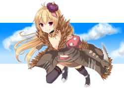 Rule 34 | &gt;:), 1girl, antenna hair, blonde hair, breasts, cleavage, elbow gloves, fingerless gloves, gloves, grin, hair ornament, holding, knife, kurohachiboku, long hair, looking at viewer, navel, purple eyes, ragnarok online, running, shadow chaser (ragnarok online), small breasts, smile, solo, v-shaped eyebrows