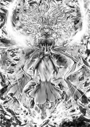 Rule 34 | 1girl, artist name, breasts, covered navel, dress, earrings, electricity, full body, glasses, greyscale, highres, jewelry, large breasts, long hair, monochrome, narrow waist, one-punch man, psychos (one-punch man), rock, sandals, signature, solo, telekinesis, the golden smurf, wavy hair