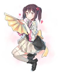 Rule 34 | 10s, 1girl, bad id, bad pixiv id, black footwear, black hair, folding fan, grin, hand fan, headset, heart, japanese clothes, kimono, kimono skirt, looking at viewer, love live!, love live! school idol project, red eyes, shoes, short twintails, smile, solo, thighhighs, twintails, white thighhighs, yazawa nico, yuran