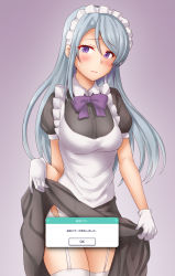 Rule 34 | 1girl, alternate costume, anti (untea9), apron, black dress, blush, breasts, censored, clothes lift, cowboy shot, dress, embarrassed, enmaided, error message, frilled apron, frills, garter belt, gloves, gradient background, grey hair, highres, kantai collection, lifted by self, lips, long hair, looking at viewer, maid, maid apron, maid headdress, novelty censor, panties, pointless censoring, puffy short sleeves, puffy sleeves, purple background, purple eyes, sagiri (kancolle), short sleeves, skirt, skirt lift, small breasts, solo, thighhighs, underwear, white apron, white gloves, white panties, white thighhighs