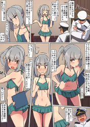 Rule 34 | 1boy, 1girl, admiral (kancolle), alternate costume, bare shoulders, bikini, blush, breast pocket, brown eyes, clipboard, closed mouth, collarbone, comala (komma la), comic, commentary, desk, epaulettes, closed eyes, flying sweatdrops, green bikini, grey hair, hair between eyes, hair ribbon, half-closed eyes, halterneck, hat, highres, holding, holding clipboard, indoors, kantai collection, kasumi (kancolle), leaning forward, long hair, long sleeves, midriff, military, military hat, military uniform, naval uniform, navel, no eyes, peaked cap, pocket, ribbon, shaded face, side ponytail, sigh, speech bubble, sweat, swimsuit, translation request, uniform, wavy mouth, white ribbon