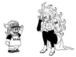Rule 34 | 2girls, android, android 21, baseball cap, boots, creator connection, crossover, cyborg, dr. slump, dragon ball, dragon ball fighterz, earrings, glasses, glasses day, gloves, greyscale, hat, highres, hoop earrings, jewelry, lab coat, lee (dragon garou), long hair, monochrome, multiple girls, norimaki arale, overalls, pantyhose, shirt, shorts, squatting, t-shirt, toriyama akira (style), traditional media, trait connection, waving, winged hat