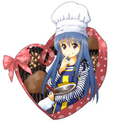 Rule 34 | 1girl, adapted costume, blue hair, chef hat, chocolate, chunsoft, dragon quest, dragon quest iii, enix, food, food on face, hat, heart, long hair, looking at viewer, mixing bowl, priest (dq3), ruu (tksymkw), simple background, solo, valentine, whisk, white background