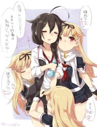 Rule 34 | 10s, 4girls, ahoge, black hair, black panties, blonde hair, braid, clothes lift, closed eyes, fingerless gloves, from behind, gloves, hair flaps, hair ornament, hair ribbon, hairclip, kantai collection, long hair, multiple girls, open clothes, open shirt, panties, partially translated, pleated skirt, red eyes, remodel (kantai collection), ribbon, scarf, shigure (kancolle), shirt, skirt, skirt lift, smelling, torimaru, translation request, twitter username, underwear, yuudachi (kancolle)